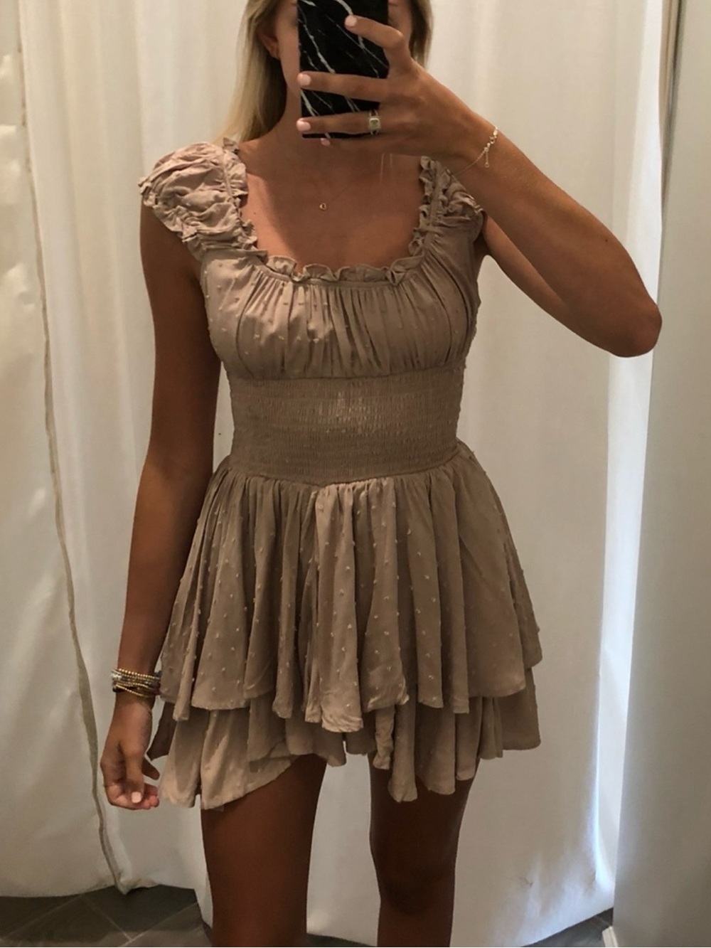 Women’s Smocked Tiered Ruffle Mini Dress (Romper) in Mauve